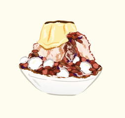 Taiwan Shaved ice with pudding, sweet dumplings, and red beans for summer dessert in flat illustration art design