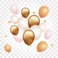 Pink, gold and white balloons, background for greetings, banner or festival, delicate colors, realistic vector