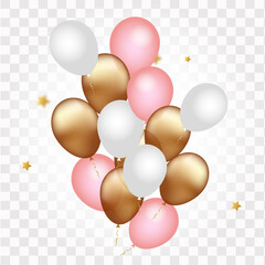 Pink, gold and white balloons, background for greetings, banner or festival, delicate colors, realistic vector