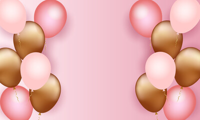 Pink, gold and white balloons, background for greetings, banner or festival, delicate colors, realistic vector
