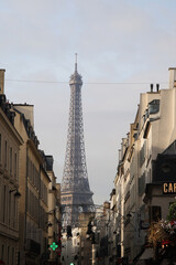 The view of the Eiffel tower from Parisian streets, France	