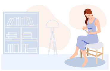 Young women reading book relaxing sitting in chair, studying, earning and self education, Flat cartoon style vector illustration.