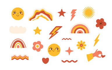 Set of retro graphic elements. Bright objects. Rainbow, flower, lightning, waves, cloud, cute face, sun, stars, hand with heart. Groovy and hippie stickers. Vector isolated illustrations.