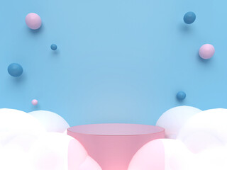 Pink podium surrouned with white bubbles with spheres on pastel blue wallpaper. Pedestal for kid product presentation. Geometric 3D render