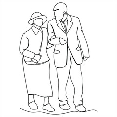 Elderly couple in continuous line art drawing style. Senior man and woman walking together holding hands. Minimalist black linear sketch isolated on white background. Vector illustration
