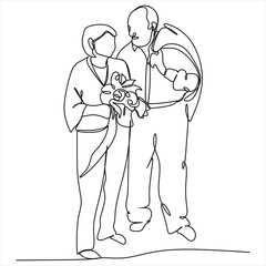 Elderly couple in continuous line art drawing style. Senior man and woman walking together holding hands. Minimalist black linear sketch isolated on white background. Vector illustration
