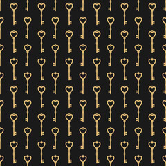 Magic golden keys with heart. Vector retro pattern on black . Catch luck, tint, hint concept. Mystery or clue wallpaper. Fairytale, fantasy wonderland background