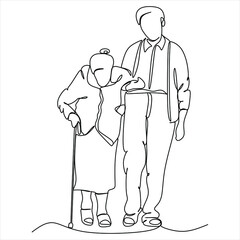 Elderly couple in continuous line art drawing style. Senior man and woman walking together holding hands. Minimalist black linear sketch isolated on white background. Vector illustration
