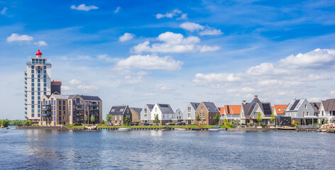 Panorama of houses and apartment building in the harbor of Harderwijk, Netherlands
