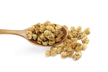 Mulberry dry berries morus alba in wooden spoon isolated on white