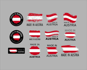 Set of stickers. Made in Austria. Brush strokes shaped with Austrian flag. Factory, manufacturing and production country concept. Design element for label and packaging. Vector colorful illustration.