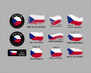 Set of stickers. Made in Czech Republic. Brush strokes shaped with Czech flag. Factory, manufacturing and production country concept. Design element for label and packaging. Vector illustration.