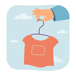 Hand holding stylish shirt on clothes hanger. Slow ethical fashion and conscious eco consumption for person flat vector illustration. Second hand concept for banner, website design or landing web page