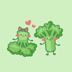 Cute broccoli characters. Couple in love. Cartoon vector isolated illustration.