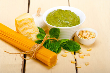 Italian traditional basil pesto pasta ingredients