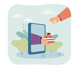 Hand from mobile phone giving piece of cake to person. Bakery delivery service for people flat vector illustration. Ecommerce, sweet food order concept for banner, website design or landing web page