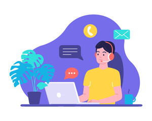 Man works on laptop, communicates with customers through headset and responds to messages. Online consultant, working from home, solving everyday problems with clients.Vector illustration