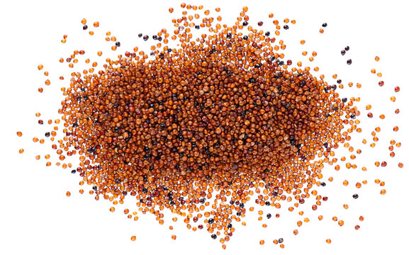Canihua grains isolated on white background. Pile of qaniwa, qanawa, qanawi or kaniwa seeds. Dry grains of chenopodium pallidicaule. Top view.