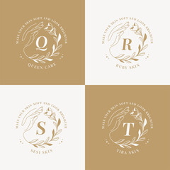 Minimalist and elegant hand drawn letters Q to T floral botanical logo