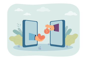 Human hands from mobile phones giving heart and money. Support, love, help from community flat vector illustration. Charity service, solidarity concept for banner, website design or landing web page