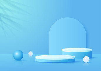 Abstract blue cylinder podium. Product display presentation, show cosmetic product. Background vector 3d studio room concept.