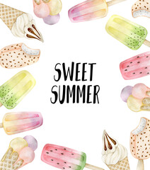 Watercolor illustration card sweet summer with ice cream. Isolated on white background. Hand drawn clipart. Perfect for card, postcard, tags, invitation, printing, wrapping.