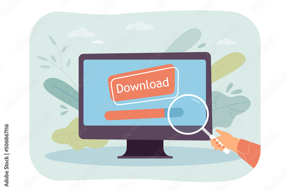 Poster user looking through magnifying glass at file downloads. hand holding magnifier to control pc progra