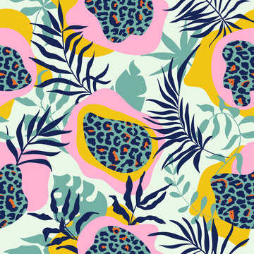 Modern seamless pattern with tropical leaves, leopard print and hand-drawn details.Abstract background for paper, wallpaper, cover, fabric and other users. Vector illustration