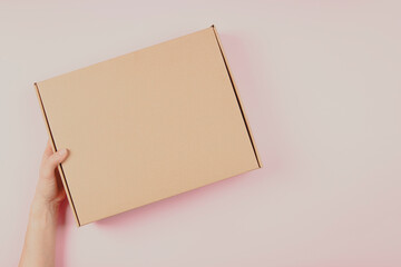 Female hand holding brown cardboard box on pastel pink background. Top view to mockup parcel box....