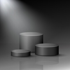 Three black stages with bright lightening. 3d rendering big, medium and small platforms. Vector modern pedestal template for product presentation or podiums for trophy. Scene, dais, showcase mockup.