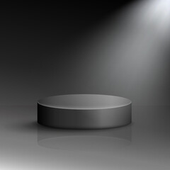 Simple black vector podium mockup. Pedestal, platform, stage, dais template for product presentation. Showcase concept. Scene with reflection and bright spotlight