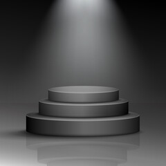 Realistic black scene with bright lightning. Round podium stairs. 3d rendering vector cylinder podium with spotlights for product presentation. Dark 3D display product scene, platform mock up