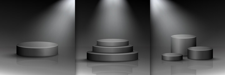 Collection of black showcases. Luxury simple stage, podium with stairs and three platforms for trophy.  Vector scene with highlight and spotlights. Illuminated 3D display for product presentation.