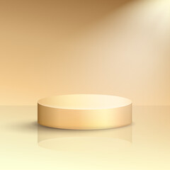 Luxury golden vector podium mockup. Pedestal, platform, stage, dais template for product presentation. Showcase concept. Scene with reflection and bright spotlight
