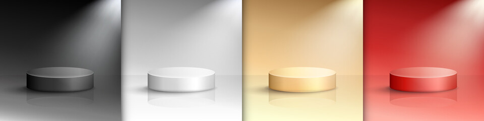 Collection of red, black, white, golden simple scenes with bright lightning. Vector round cylinder podiums with reflection and spotlights for product presentation. 3D platform mock up