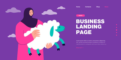 Woman in hijab holding sheep in hands. Muslim girl greeting with little fluffy lamb flat vector illustration. Qurban on Eid al Adha Mubarak concept for banner, website design or landing web page