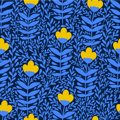Fototapeta na wymiar Vector abstract seamless yellow-blue simple floral pattern. Flower pattern. Spring pattern. Pattern for textiles or for cover. Wallpaper. Hand draw.