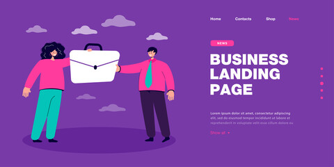 HR manager giving briefcase to businessman. Handover job position between tiny female and male character flat vector illustration. Hiring process concept for banner, website design or landing web page