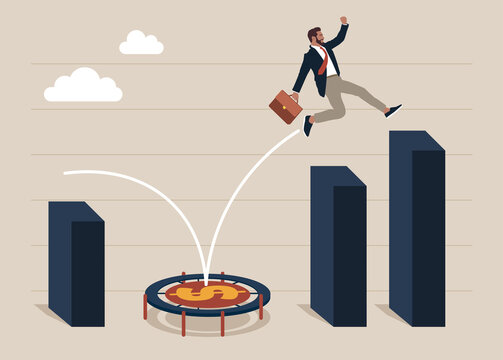 Strong businessman jumping from trampoline back to top of growing bar graph. Business challenge, revenue rebound and recover from economic crisis or earning and profit growth jump from bottom concept.