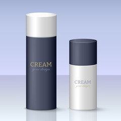 Skincare product mockup for logo design. Two 3d cosmetic bottles in blue and white style. Plastic cosmetic containers. Vector spray, perfume, dispenser, deodorant template