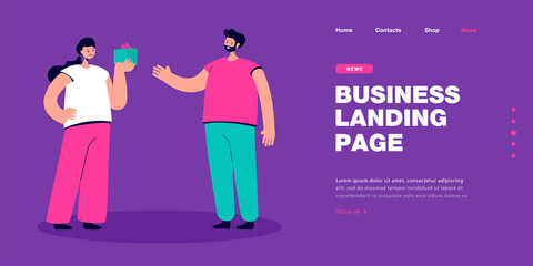 Woman receiving surprise gift box from man. Happy female character holding wrapped gift with ribbon for birthday event, Valentines day flat vector illustration. Love present, offer reward concept