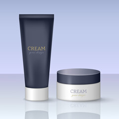 Set of 3d dark blue and white cream tube and jar. Cosmetic containers mockup. Vector skincare packages, boxes, bottles template for logo design. Skincare concept