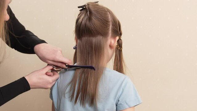 woman cuts little girl's wet hair. cutting hair at home. life hacks and rules of hair care. special combs and scissors for hairdressers.
