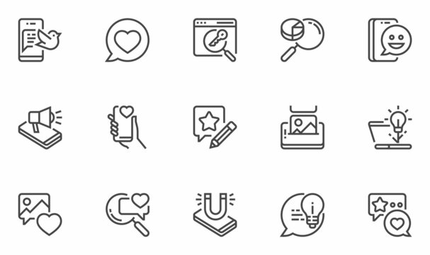 Social Media Marketing Related Vector Line Icons Set. Content Marketing, Business Activities. Editable Stroke.