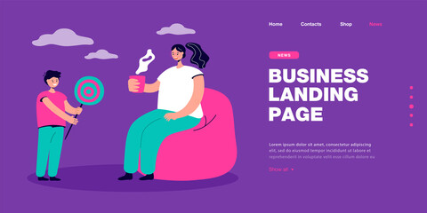 Son giving huge lollipop to mother drinking tea or coffee. Boy sharing sweets with woman flat vector illustration. Family, relationship, care concept for banner, website design or landing web page