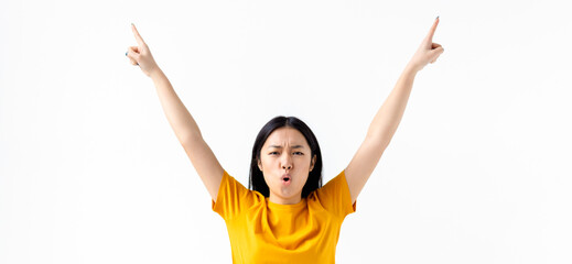 Portrait of thrilled Asian woman champion have good mood feel happy excited emotion isolated on a white background