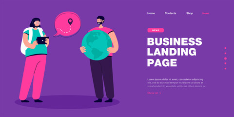 Tourists using navigation app in tablet or navigator with map. Woman and man exploring globe flat vector illustration. Travel, tourism concept concept for banner, website design or landing web page