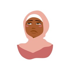 Muslim girl in hijab with bored face expression. Cute cartoon vector character. 