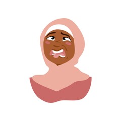 Cartoon Muslim girl character with disgust face expression. Vector portrait of  cute African American woman in hijab.