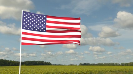 The American flag flutters in the wind against the sky and a green field. Happy Independence Day on blue background. 